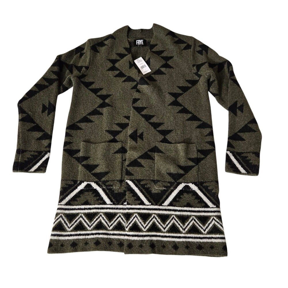 Frye Cardigan Sweater Green Aztec Jacquard Womens S Open Front Southwestern Boho